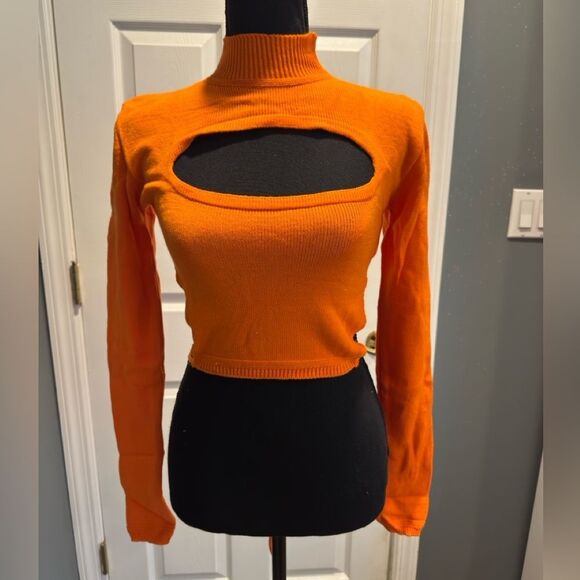 Orange tie back long sleeve knit crop top in size medium and x-small - Picture 1 of 8